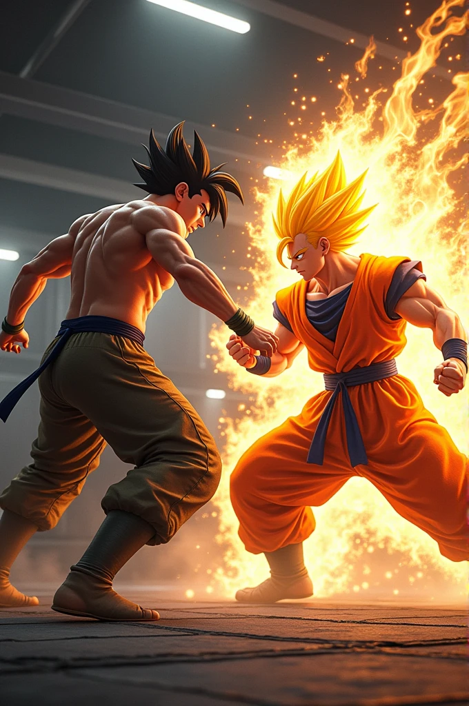 The background is a martial arts gym with black tatami on the floor., There are two fighters, the biggest one is a tall dark-haired man, the second fighter is transforming into a super saiyan and charging his energy.