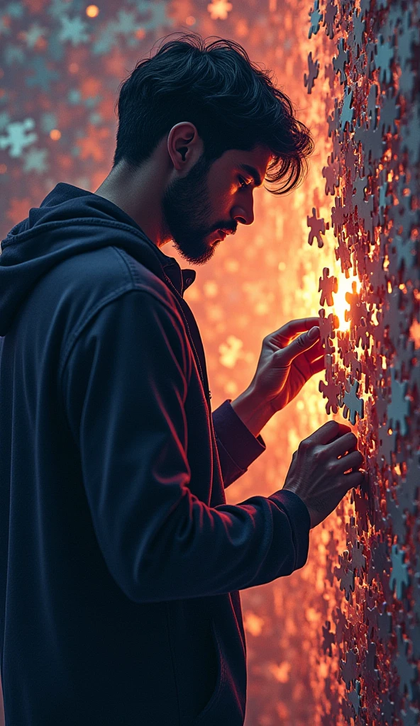 "A person standing in front of a puzzle, pieces in hand, looking determined as they place the final piece, symbolizing problem-solving."
Make it vibrant and hyper realistic