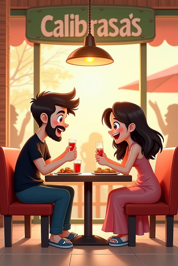 Create TWO cartoon couples , eating at a chicken restaurant called calibrasas. the first couple, white-skinned boy with dark brown hair and beard and brown eyes, black shirt, y ma 
Chica de tez blanca Brown eyes claros cabello semi ondulado castaño oscuro , long black dress. La segunda pareja el  de thesis clara ron cabello blanco , y Brown eyes, black dress and the ash blonde girl , Brown eyes, thesis clara, pink dress.

Let everyone have shark sandals 