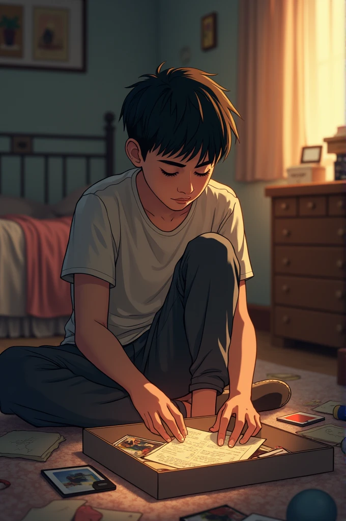 Realistic image of a boy in his room with a box of memories from his ex-partner
