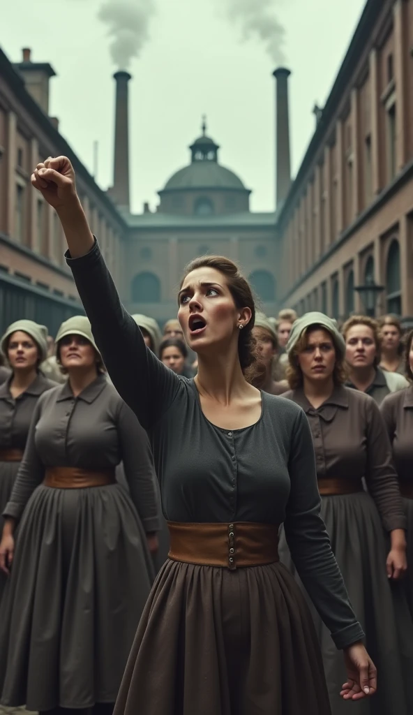 Sarah Chapman, a determined young woman with brown hair tied in a simple bun, stands at the forefront of a group of about 1,400 female workers; they are all dressed in modest Victorian-era factory clothing, consisting of plain dresses with aprons and bonnets; the scene is set in 1888 on a cobblestone street outside a large, imposing factory in London, with brick walls and smoke rising from tall chimneys in the background; Sarah raises her hand in a gesture of defiance, while a group of women behind her angrily shout and wave their fists in protest; in the background, other workers and passersby are gathered, watching the scene unfold; the shot is a wide-angle view, capturing both the determined faces of the women and the factory behind them; photo realism, cinematography. The camera lens size should be 200mm, aperture setting f/4.5, and ISO 1600. The medium should be color photography.