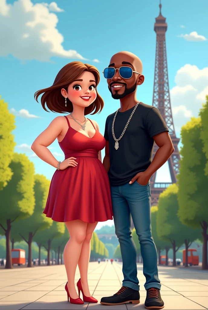 Create a realistic cartoon-style image of a couple standing near the Eiffel Tower in Paris during the summer. The woman is 1.58m tall, big, and has a fair complexion. She has short brown hair that reaches her shoulders, with full cheeks. She is wearing a short and fluid red dress and high heels. The man is 1.80m tall, of African Nigerian descent, and has a low build. He is bald, has a little beard and mustache, and wears a silver chain. He is dressed in a black shirt, blue jeans, and blue sunglasses. The scene should capture the lively and romantic atmosphere of Paris in the summer, with clear skies and greenery around the Eiffel Tower. The woman has a noticeable bust and double chin, while the man stands confidently beside her. Both are smiling and happy.