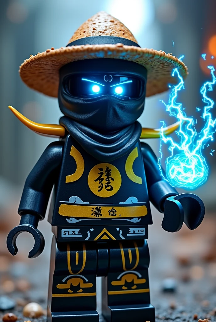 Créer moi un lego ninja go premier maitre du spijisufuturiste de la dernière puissance dimensionaireninja avec un bandeau autour du front de couleur noir, gris, bleu sur la tête et un bandeau noir profond autour de la bouche et un chapeau de paille de couleur noir sur la tête avec une peau sombre noir et il faut des traces d’électricité jaune et bleu foncé dans le visage et un regard terrible de noirceur avec des yeux ridé en bleu fonce profond brillant avec une puissance incroyable avec comme puissance élémentaire l’électrique, l’énergie, la terre, le feu, la glace. Les habits du ninja doit avoir un symbole de loup à la poitrine de couleur jaune et les couleurs des habits doit être en blanc anthracite, bleu nocturne et golden suprême et fer anthracite avec des reure en forme d’électricité bleu clair et jaune brillant et des écritures japonaises et le parchemin antique sacré le plus puissant en golden. Un ninja imbattable monstrueux beaucoup trop puissant qui contrôle tous les pouvoirs élémentaires. Le ninjadoit être destructeur et soif de victoire un gentil et mechant