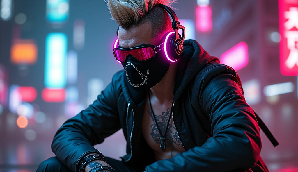 cyberpunk Man With ninja outfit, mohawk hair, anarchy mask, neon headphones and a sample abdomen with a semi-hidden tattoo
