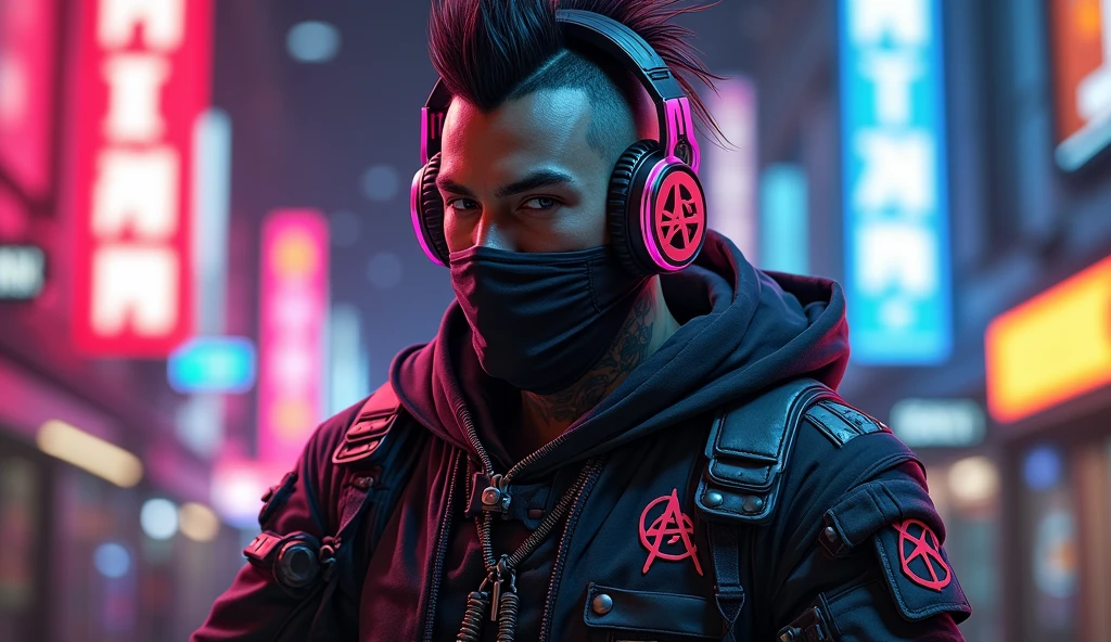 cyberpunk Man With ninja outfit, mohawk hair, anarchy mask, neon headphones and a sample abdomen with a semi-hidden tattoo