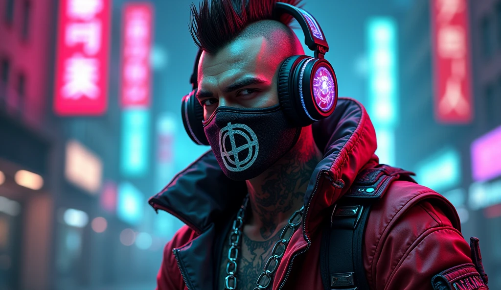 cyberpunk Man With ninja outfit, mohawk hair, anarchy mask, neon headphones and a sample abdomen with a semi-hidden tattoo