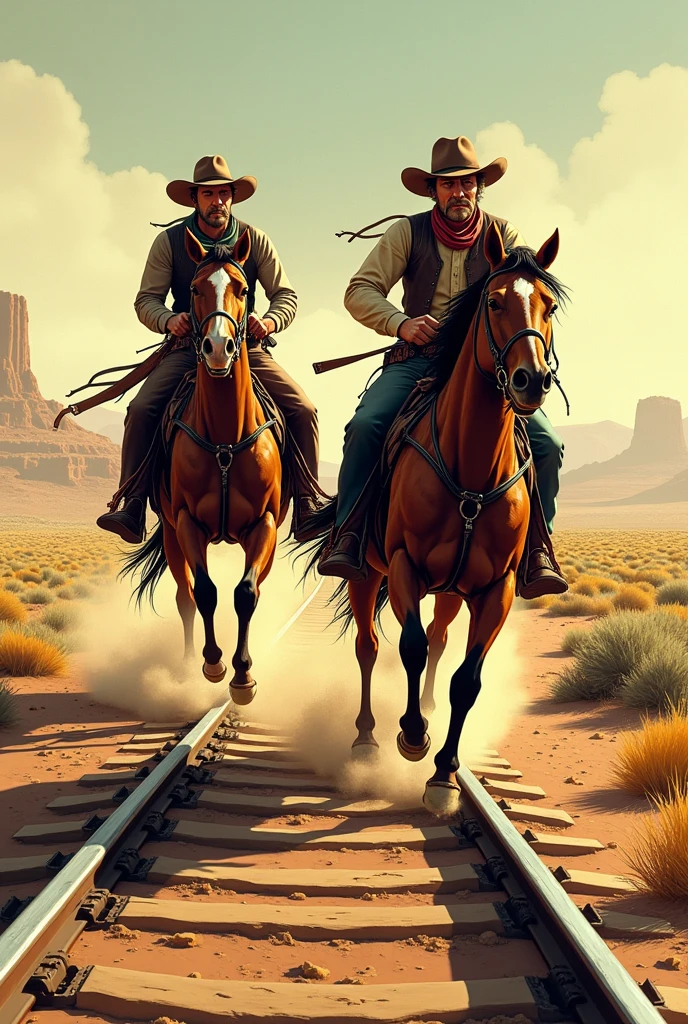 Hyperrealistic color comic 1950s on the desert plain two cowboys ride at full gallop on their horses next to the train tracks