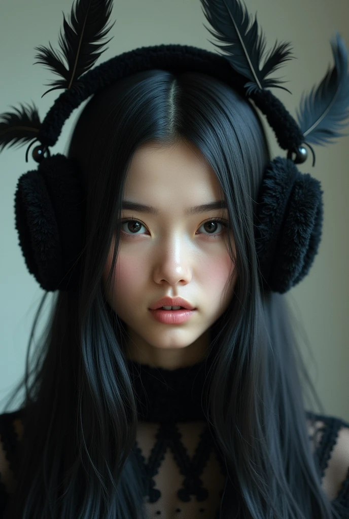 Drawing type girl with black plush headphones with three black feathers around long straight hair with black eyes