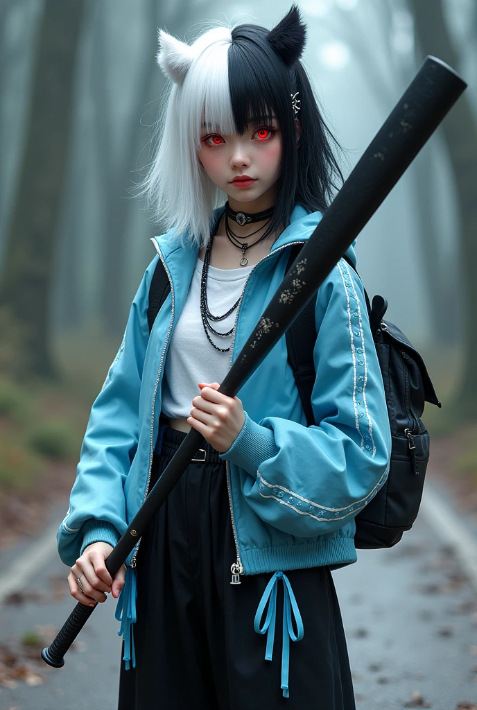 Girl, hair half with white and half with black, Red eyes, Light blue long sleeve jacket with white lines and circles, long black pants with light blue ribbons, holding black bat with blue stripes, black backpack