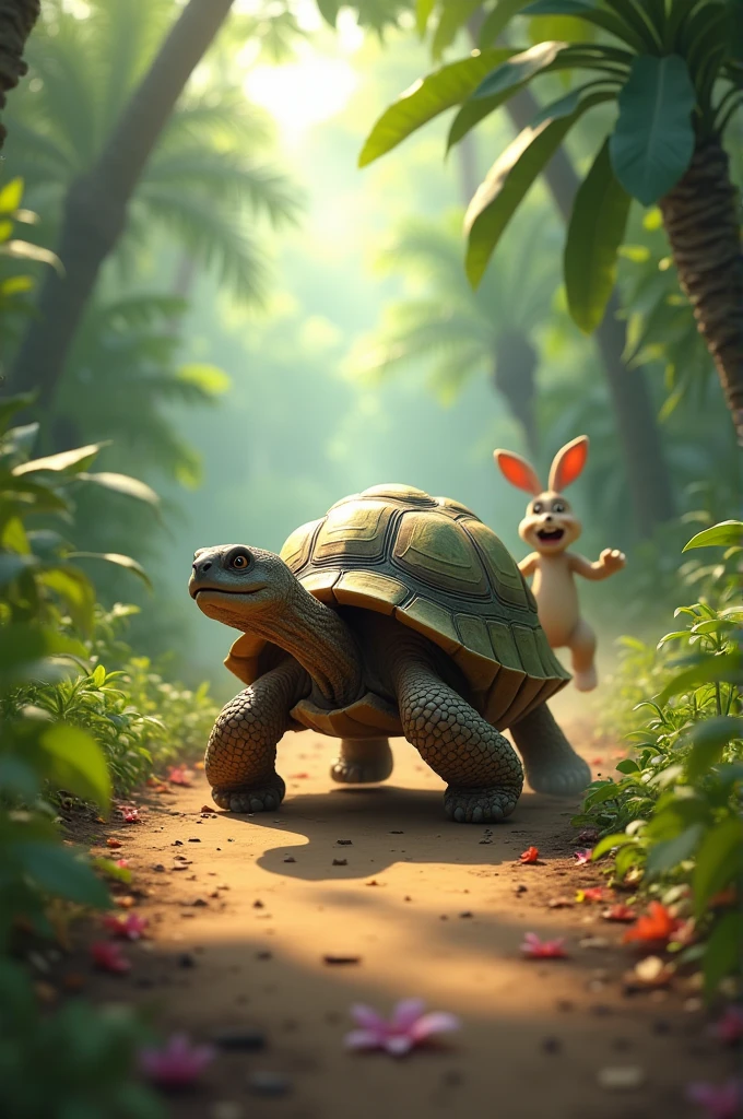 Tortoise reaches to finish line of race in lush jungle while hare wake up and starts running behind tortoise with disappointed mood