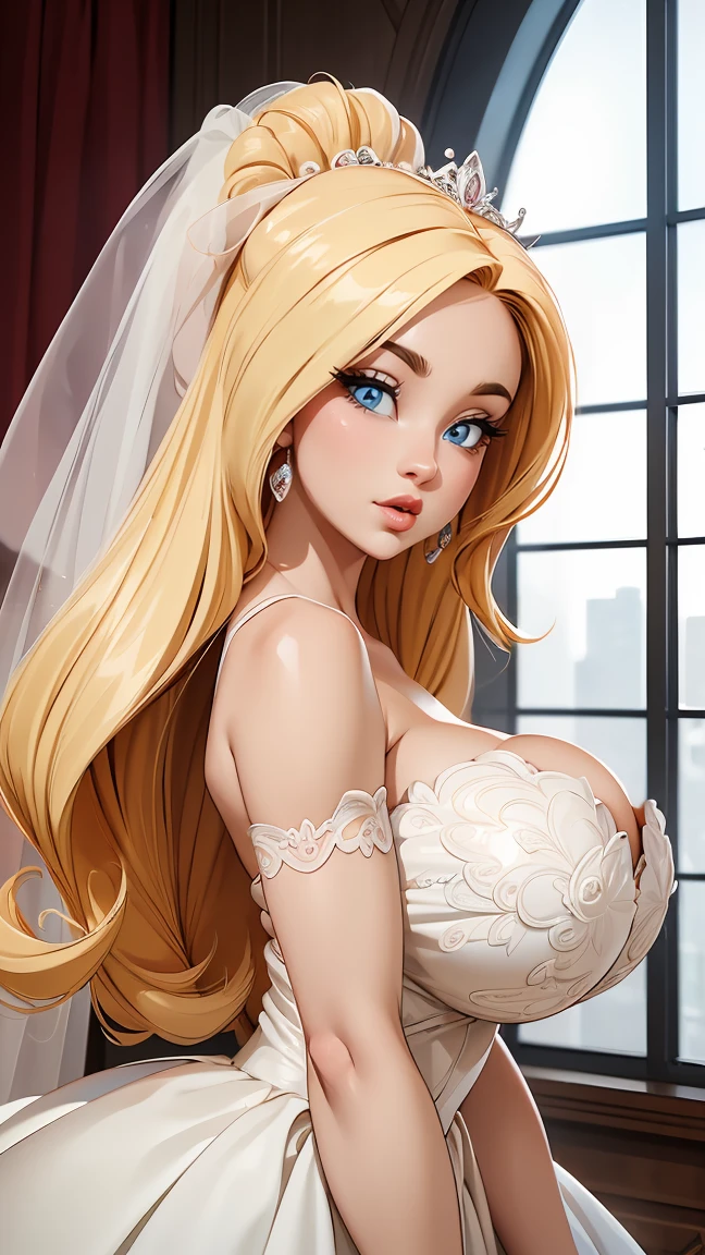 ((work of art)), ((best qualityer)), (detailded), perfect, standing alone, peach, beautiful woman in wedding dress, bridal veil on head, Delicious lips, long hair, Huge breasted, deep decolte, Huge breasteds, sexly, Peach like a busty pornstar