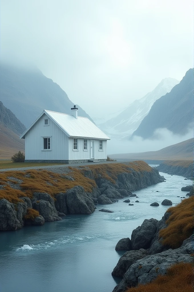 One white house in greenland with river on right sidr and mountains with rain