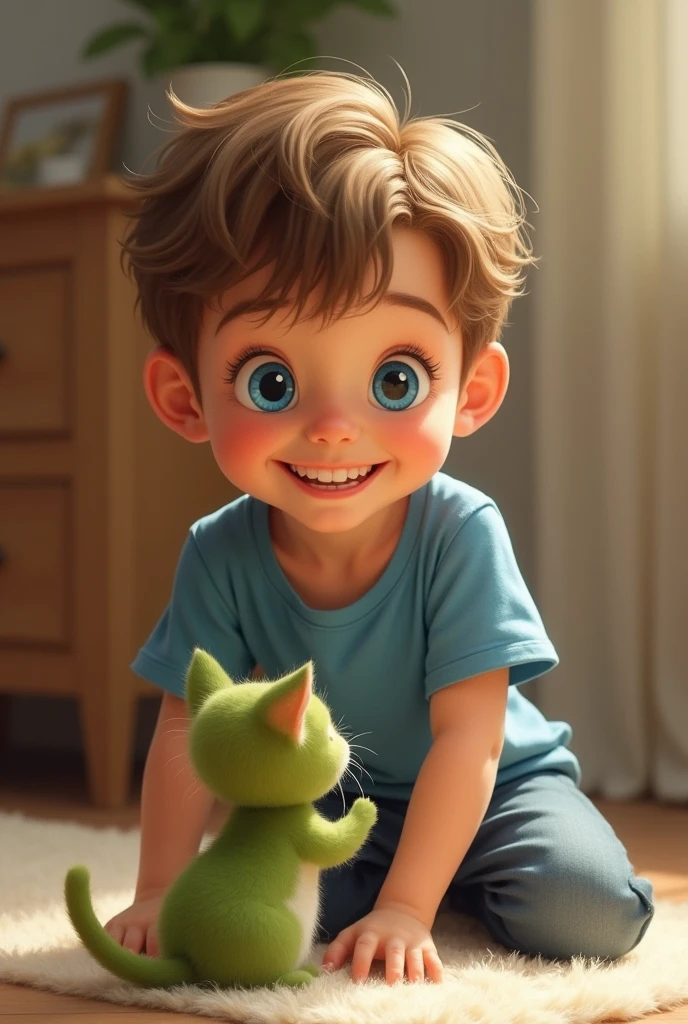A  young boy with blue eyes in blue t-shirts  and a cute little green cat are play together and happy
