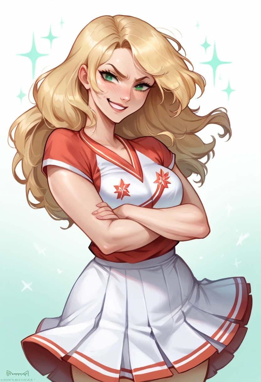 A young blonde girl, standing confidently in a fitted cheerleader uniform. She looks directly at the camera with a smirk that mixes charm and contempt. Her posture is proud, one hand on her hip, and her green eyes are sharp, as if she’s evaluating and judging whoever is looking at her. She exudes confidence and a hint of danger. arms crossed