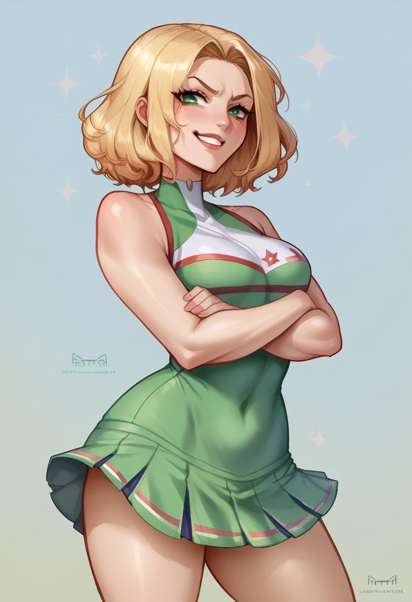 A young blonde girl, standing confidently in a fitted cheerleader uniform. She looks directly at the camera with a smirk that mixes charm and contempt. Her posture is proud, one hand on her hip, and her green eyes are sharp, as if she’s evaluating and judging whoever is looking at her. She exudes confidence and a hint of danger. arms crossed