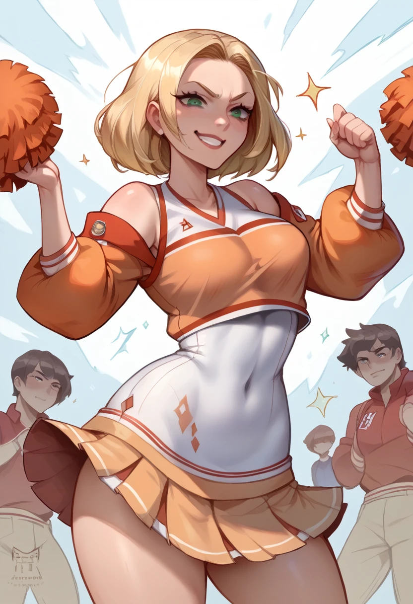 A young blonde girl, standing confidently in a fitted cheerleader uniform. She looks directly at the camera with a smirk that mixes charm and contempt. Her posture is proud, one hand on her hip, and her green eyes are sharp, as if she’s evaluating and judging whoever is looking at her. She exudes confidence and a hint of danger.