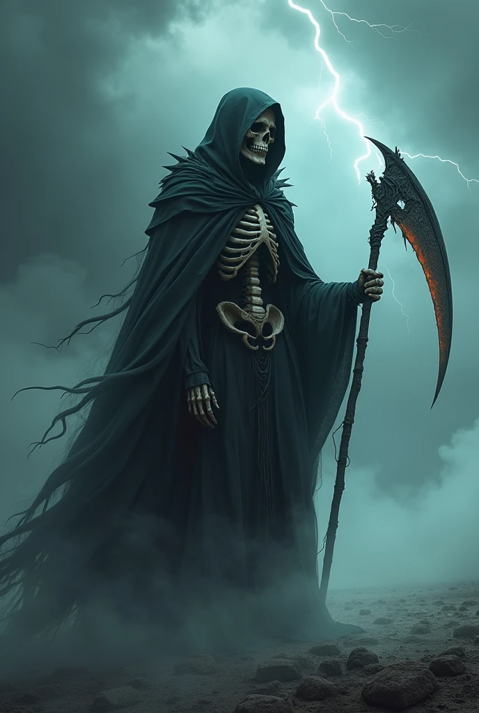 Create an epic, surreal, stunning, magical, hyperrealistic image of the Grim Reaper. The scene should depict the Reaper standing on a desolate, mist-covered battlefield, with a glowing scythe in one hand. The Reaper's cloak should billow in an eerie wind, with faint wisps of smoke or shadow trailing from it. The background features a stormy sky with flashes of lightning illuminating the dark clouds. Add an ethereal, otherworldly glow around the Reaper, highlighting the mysterious, ominous presence. The overall mood should be both awe-inspiring and foreboding, with intricate details on the Reaper's skeletal face and the ethereal mist swirling around.