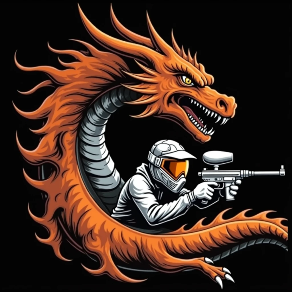 A graphic illustration of a paintball player wearing paintball mask, and holding paintball gun, aiming, standing sideways from left to right, a camouflage outfit, Behind the paintball player is a bigger Angry Dragon head from left to right, with a fierce expression, sharp teeth, and sharp paws. The Dragon's head is covered in orange flames, giving it a fiery appearance. The background is black, making the paintball player and tiger stand out.