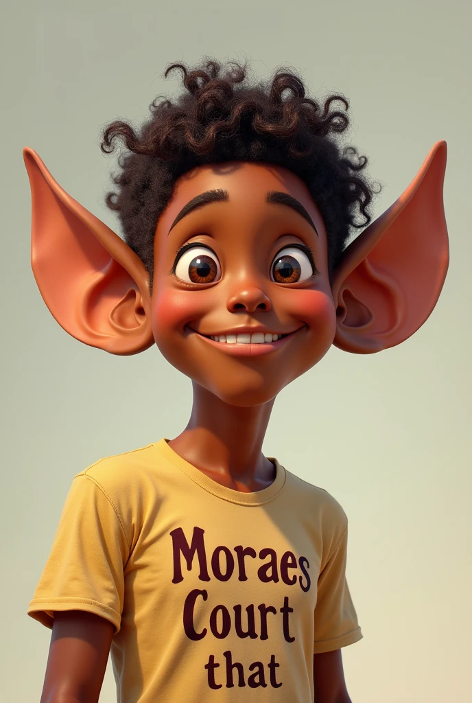 Create a brown person, huge ear, glad, shirt of " Moraes court that"