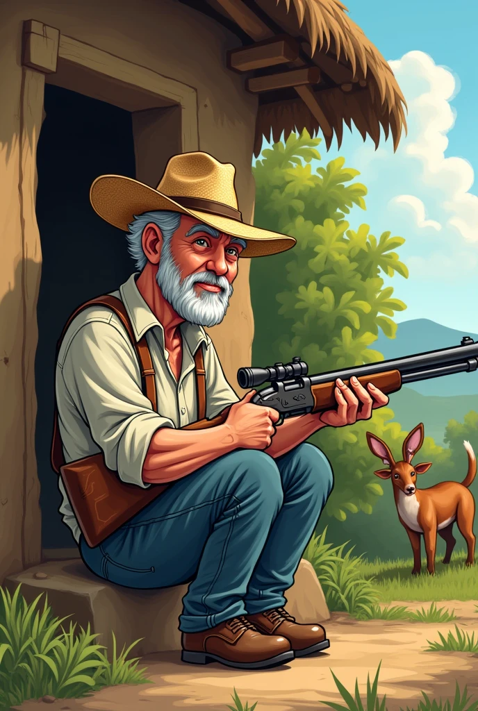 Character Sprite Description:
The character is a middle-aged man, with typical characteristics of a northeastern countryman, drawn in a cartoonish and humorous style. He is seen in profile (side view), sitting sideways at the entrance to his mud house, which is also in side view. He holds an antique shotgun in firing position., pointing to the right, ready to shoot the animals that emerge from the bush. The character wears a faded cotton shirt, jeans and a traditional straw hat.