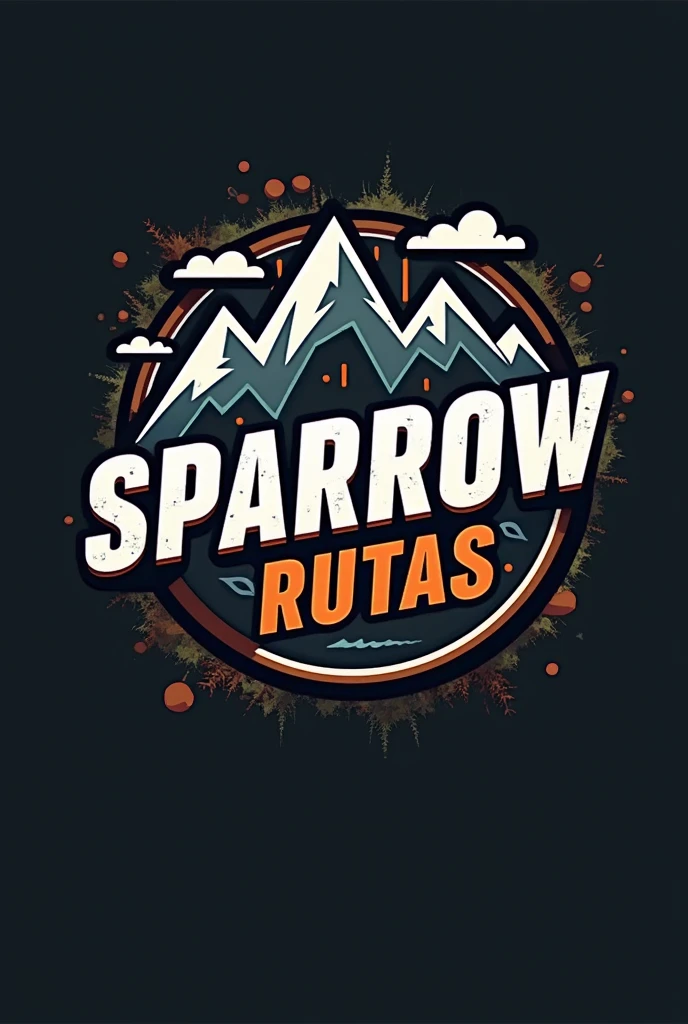 a circular logo , with white border, dark background, With the name "SPARROW RUTAS" in motorutes style , mountain and roblox, logo con borde blanco