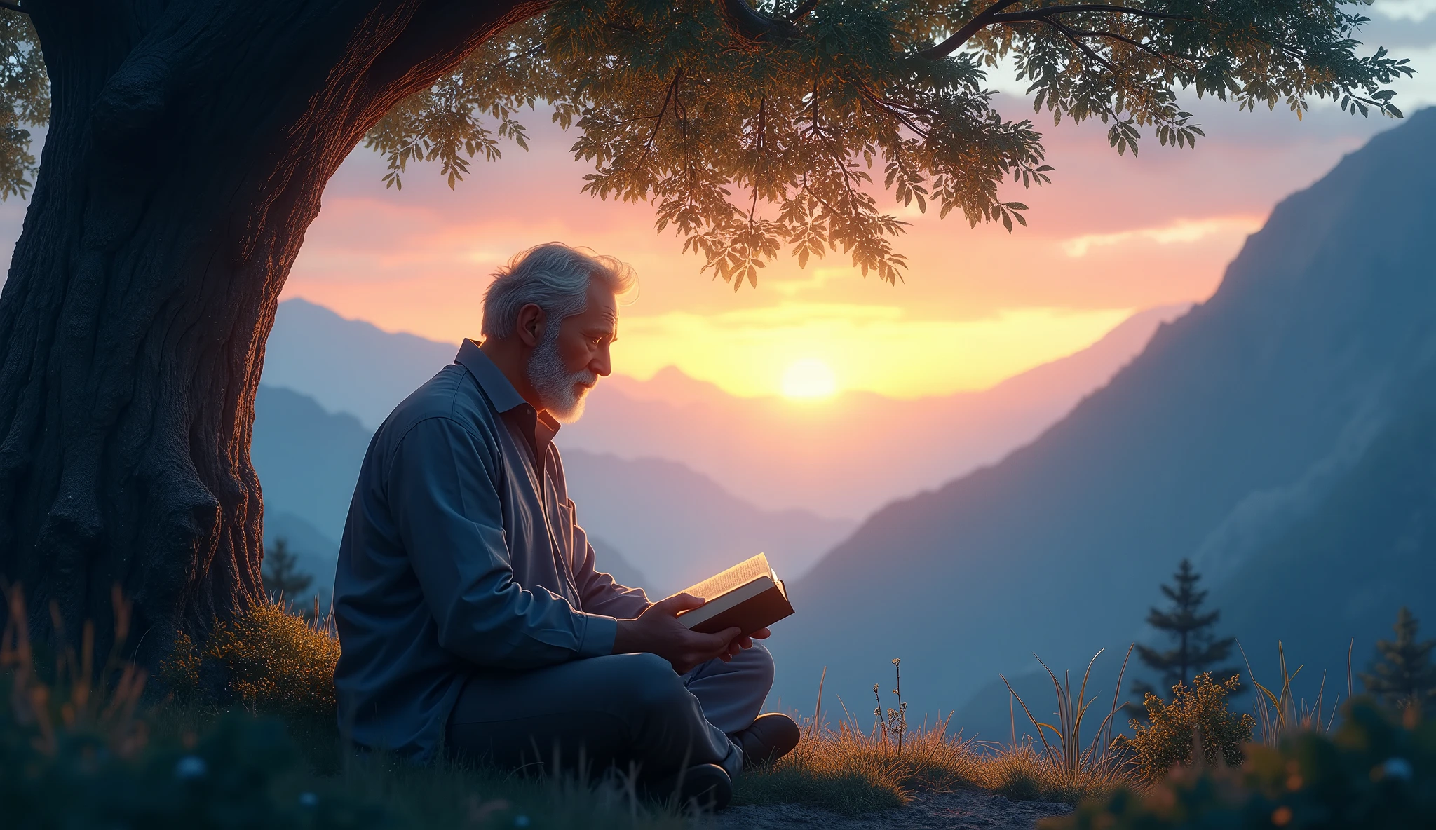 a man reading the bible under a tree on the mountain at sunset. blue light.