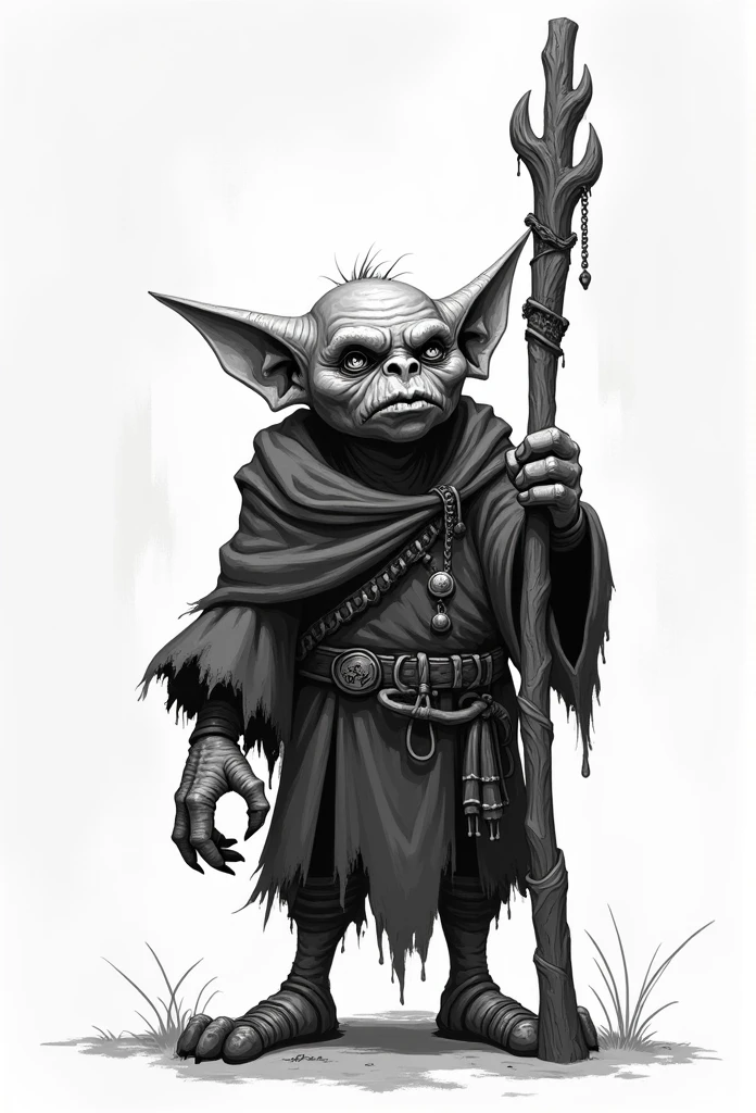 goblin black and white art, Shaman, simple staff in hand