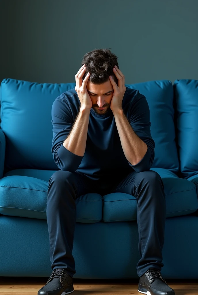 Man sitting with his hands on his head on a blue piece of furniture that looks real 
