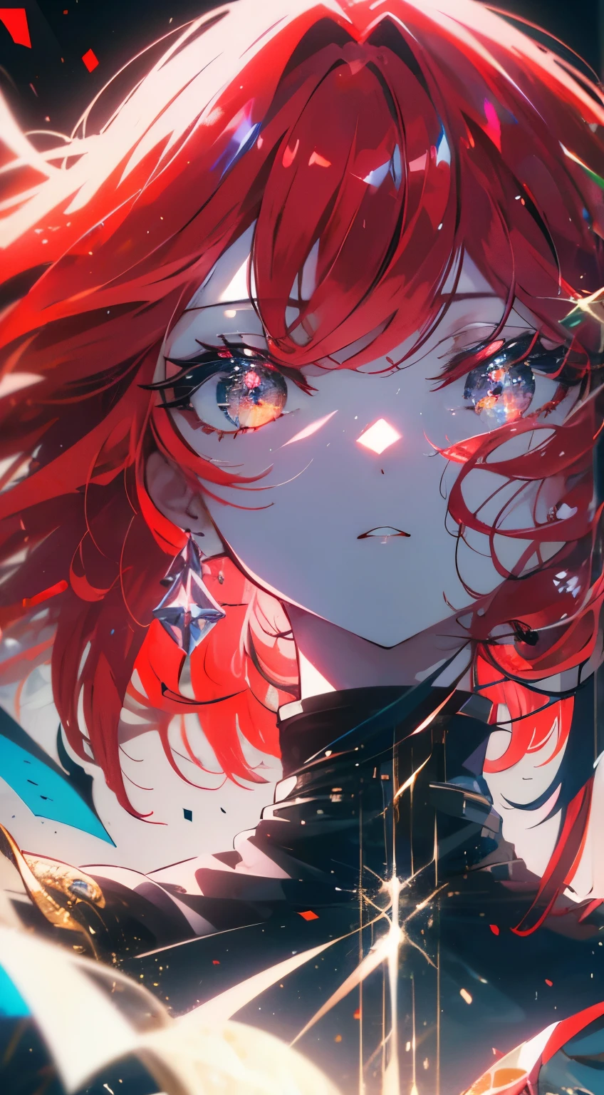 (high quality art,anime,ultra-detailed),(best quality,8k,highres,masterpiece:1.2),beautiful detailed lips,extremely detailed eyes and face,Red hair,sparkling eyes, red eyes, (detail eyes:1.3), standing, mountains