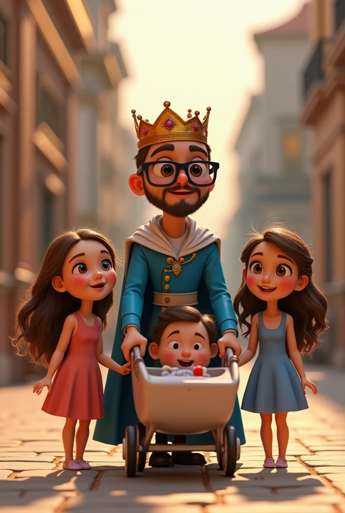 Cartoon character of a 3 girl, king, with long hair, Brown eyes, con gafas negras y una vestido azul y esta paseando un carrito de un bebe un cartoon character, stylized character, animation style rendering, 3D stylized, Render 3D stylized, t, 3D character, 3D character, Stylized 3D rendering, 3d character rendering, cartoon character, Close-up character, Character pose, (pixar style) (master part:1.2) (bokeh) (Best Quality) (detailed skin) (detailed texture) (8k) (clay) (cinematic lighting) (sharp focus,Sit down and lift your upper body.