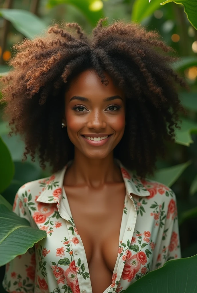 A Brazilian woman in a lush tropical garden, wearing an open shirt with a floral print, with a close-up capturing the harmonious beauty between her breasts and the natural flowers, showing off your natural charm and outgoing personality.