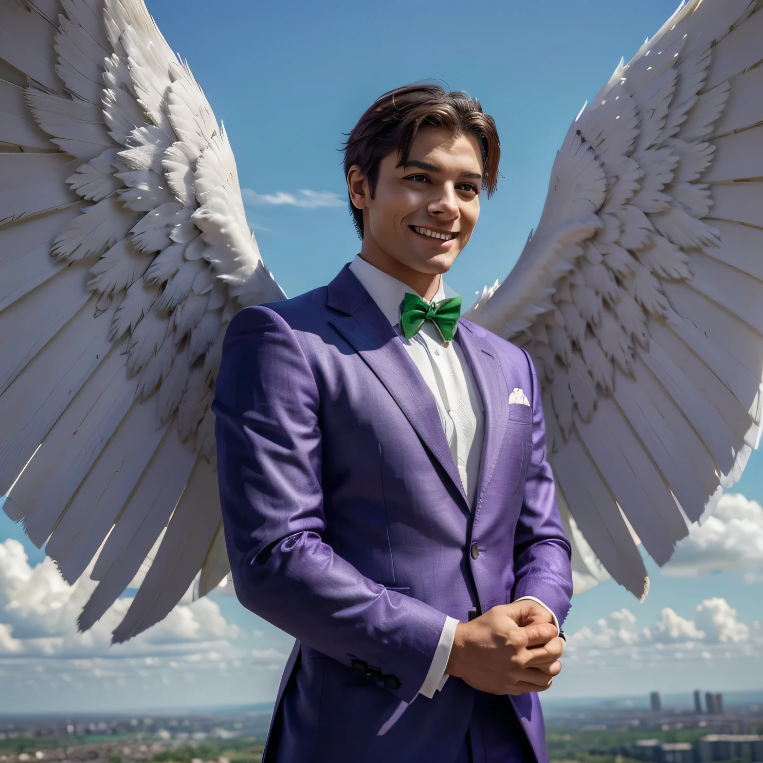 I want a wallpaper that has a reference to a male angel that is in human form with wings, that he is facing forward smiling as if he were introducing himself and that he is dressed in an elegant suit and that one of his eyes is purple and the other green, that its background is in the clouds