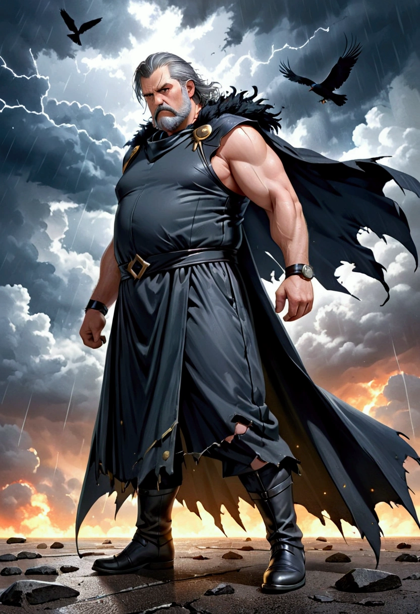 a middle-aged man, 50 years old, overweight, modern magician, gray hair, medium gray beard, green eyes, shirt torn on the chest and make visible very hairy body, full body side view, serious expression, intimidating, white tabard, crow, storm,(best quality,4k,8k,highres,masterpiece:1.2),ultra-detailed,(realistic,photorealistic,photo-realistic:1.37),HDR,UHD,studio lighting,sharp focus,physically-based rendering,extreme detail description,professional,vivid colors,bokeh,
