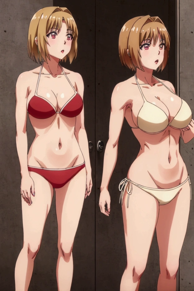 Kikyō Kushida is an average-sized age girl with gradient crimson eyes and short beige hair. She is known for being a well-endowed figure and is considered attractive,(classroom of the elite),(Wearing),+,(bikini)