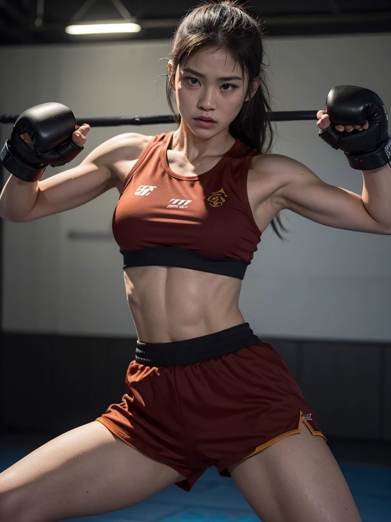 {
"prompt": "A fierce Muay Thai fighter standing confidently in a martial arts training center. She is 1.70 meters tall with a muscular build and a determined expression. Her skin is tan, and she wears traditional Muay Thai shorts with wraps on her hands. The environment is intense, with boxing bags and a dimly lit, gritty gym atmosphere. Her stance is strong, with her fists raised, ready for combat. She exudes strength, discipline, and focus."
}