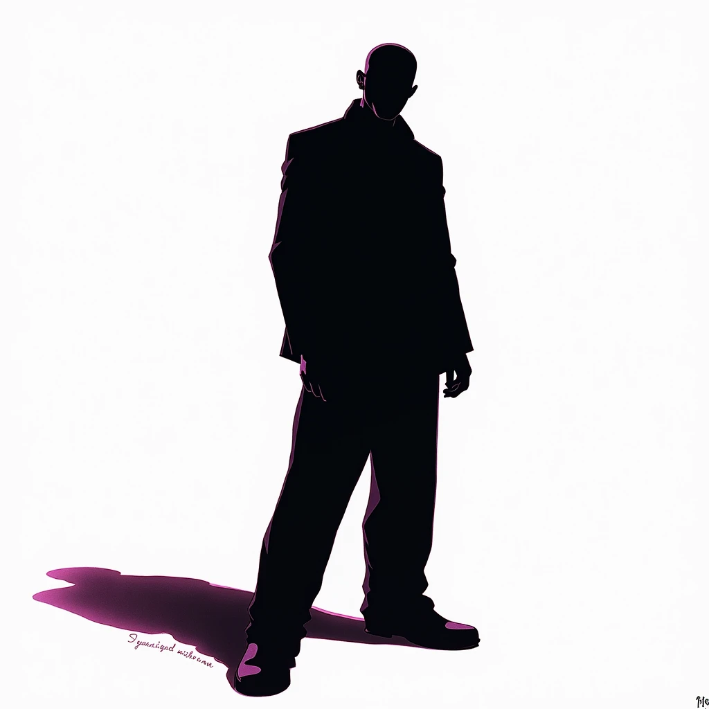 Black shadow of a thin man showing cartoon style dominance, Vice City GTA, white background