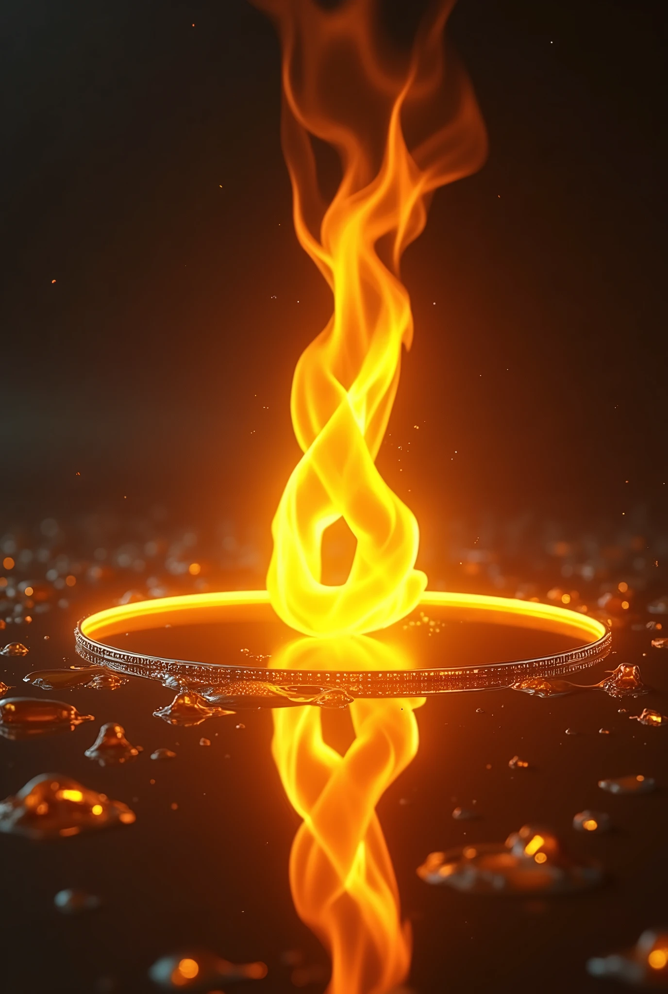Create an image of a burning flame of fire in front of a mirror with honey flowing from the top of the mirror.