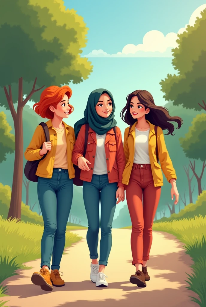 Create image of me and my friends. We going for a walk  .We are girls 

One friend is short in height and she have short hair looking blood
Iam a tall person and have long hair 
Other friend is medium in height and wear hijab 

 