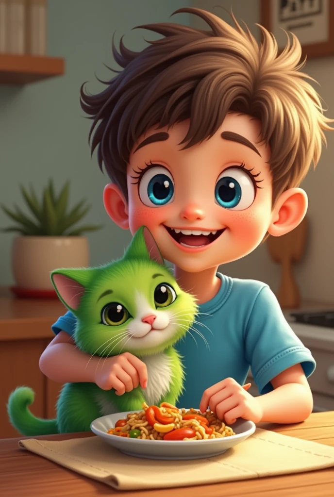 A young boy with blue eyes in blue t-shirts and a cute little green cat are eat together and happy