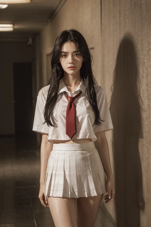 Masterpiece, ultra real, ultra detail, 1 very slender beautiful girl, long straight black hair, tiny breast, leaning on the doorway of a classroom in an old school hallway, rain falling outside the hallway, wet floor, girl wearing a white cotton school uniform, white sailor top with short sleeves, red necktie, red and black plaid mini skirt, pleated skirt, slight wind blowing her hair, melancholic gaze looking at the camera, shallow depth of field, extremely detailed skin, hair and clothing, cinematic lighting, muted color palette, rainy atmosphere, photorealistic, 8k, detailed, masterpiece