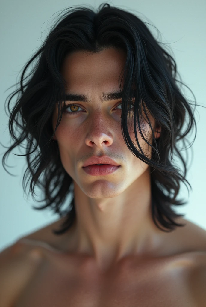 man who is 21 years, white norwegian male, masculine features, the most beautiful man, long jet black hair, hunting amber eyes, greek god beauty, ethereal beauty,hunter eyes, hot body, sexy, passionate, psl god