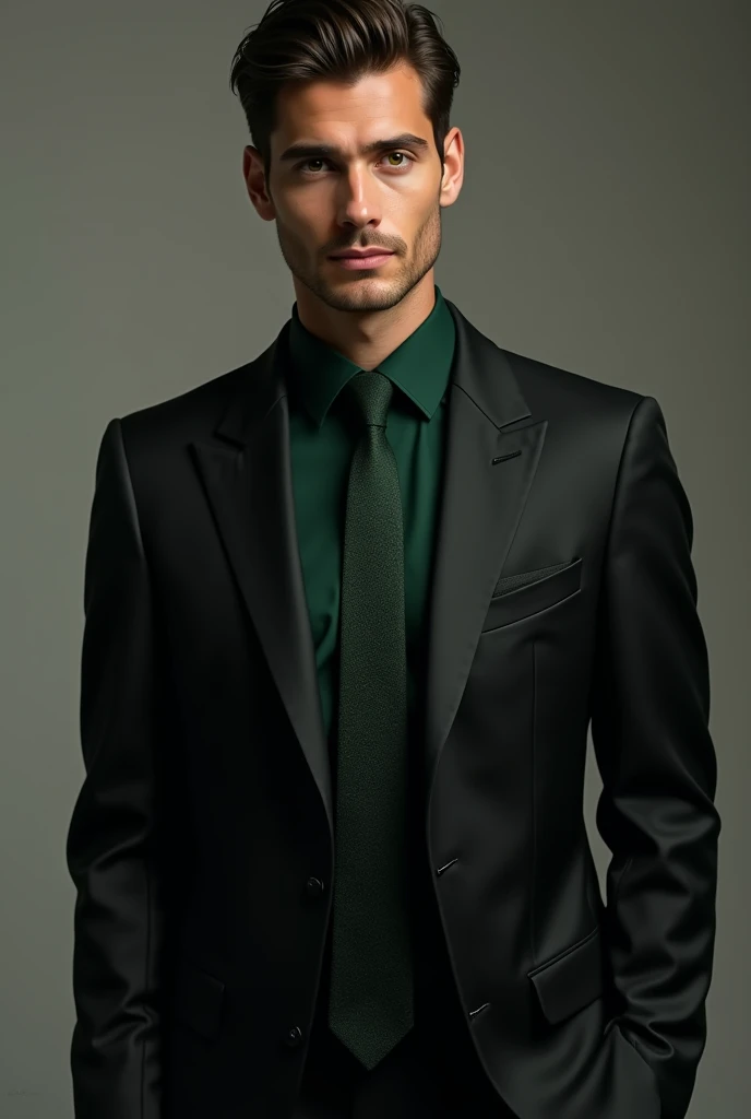 Black suit with dark green inner shirt man with tie