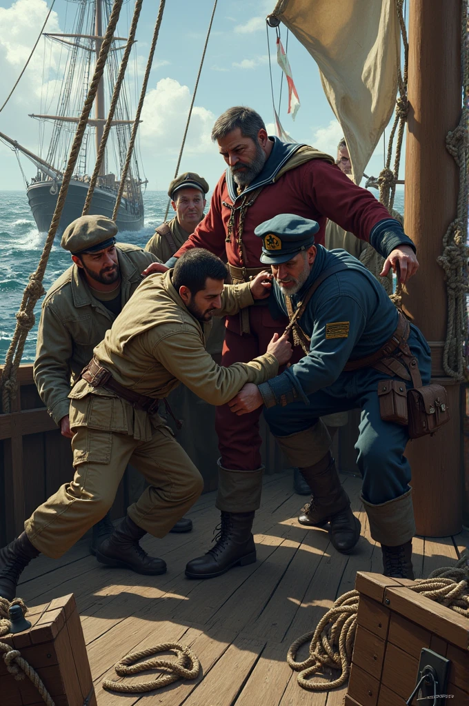Sailors fighting with captain of old ship
