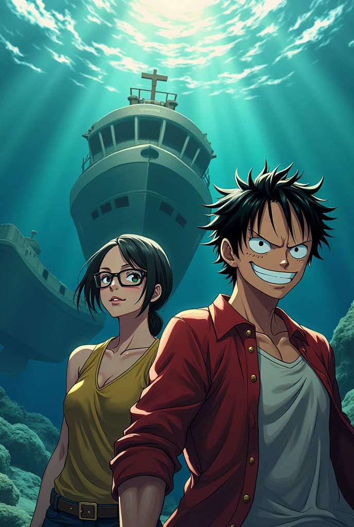 1 chico , wano style, Monkey D Luffy, smiling, wavy hair, look at viewer Upper body, ((masterpiece)), (Best Quality), (extremely detailed), depth of field, Sketch, Intensive dark shadows, Sharp focus quality, HdR, showy, Good composition, spectacular, closed shirt, anime screenshots, scars under the eyes, preparing to fight, dark eyes,depth of field,Ocean bottom,BOAT,Sun light,Red clothes; 1 girl, wano style, nicorobin, sonrriente, straight straight hair, with glasses, Upper part of the body, look at the viewer, ((masterpiece)), (Best Quality) (extremely detailed)depth of field, Sketch, Intensive dark shadows, Sharp focus quality, HdR, showy, Good composition, , spectacular, cut blouse, anime screenshots, small mole on chin, preparing to fight, dark eyes,depth of field,Ocean bottom,BOAT,Sun light