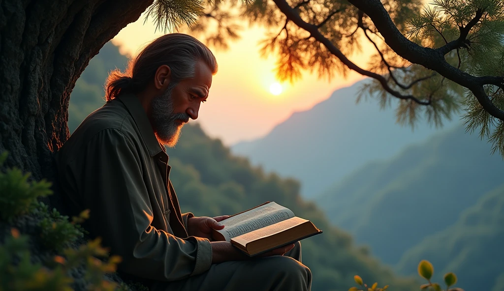 a closeup image of a man reading the Bible under a tree on the mountain at sunset. blue light.