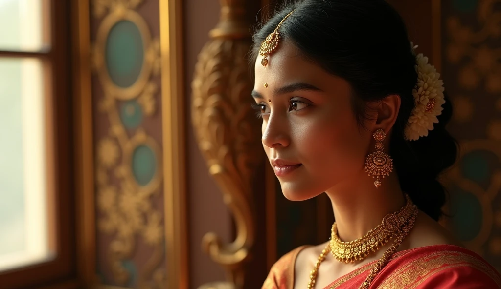"राजकुमारी सावित्री का क्लोज़-अप, एक सुंदर युवा महिला saree pahne Hue golden jeweller जिसकी आँखें भावपूर्ण हैं, पारंपरिक राजसी वस्त्र पहने हुए, महल की खिड़की के पास बैठी, सोच में डूबी हुई।" image PNG 4K 8k mid journey