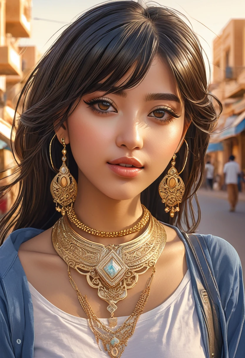 (a beautiful girl with anime-style features, in golden jewelry, on the streets of a city in Western Sahara), illustrations, detailed features, high-res, ultra-detailed, photorealistic, portraits, warm color tones, soft lighting