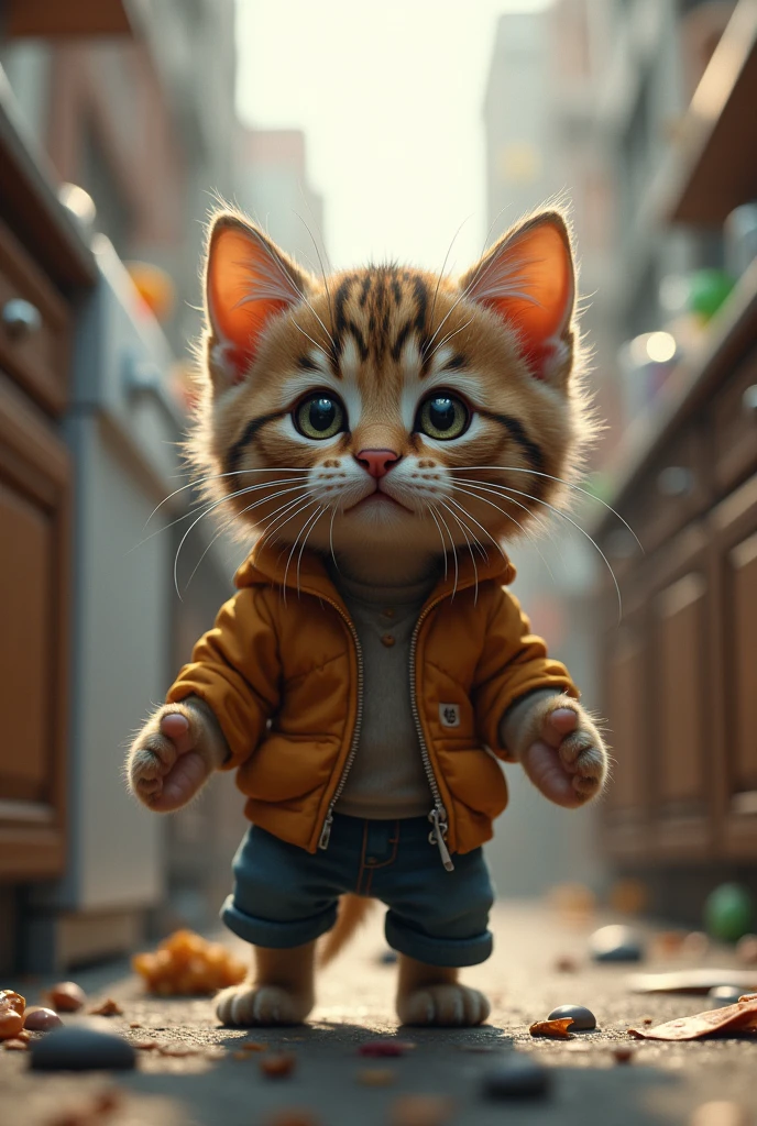 Cute close-up of a kitten lost in the city., kitchen, (Kinetics: 1.2), complicated details, ((A cat is walking along the roadside.)) ,Two-legged standing,Torn clothes, Walk on two legs,sad