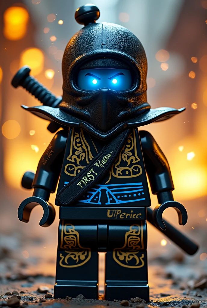 Créer moi un lego ninja go premier maitre du spijisufuturiste de la dernière puissance dimensionaireninja avec un bandeau autour du front de couleur noir, gris, bleu sur la tête et un bandeau noir profond autour de la bouche et un chapeau de paille de couleur noir sur la tête avec une peau sombre noir et il faut des traces d’électricité jaune et bleu foncé dans le visage et un regard terrible de noirceur avec des yeux ridé en bleu fonce profond brillant avec une puissance incroyable avec comme puissance élémentaire l’électrique, l’énergie, la terre, le feu, la glace. Les habits du ninja doit être en blanc anthracite, bleu nocturne et golden suprême et fer anthracite avec des reure en forme d’électricité bleu clair et jaune brillant et des écritures japonaises et le parchemin antique sacré le plus puissant en golden. Un ninja imbattable monstrueux beaucoup trop puissant qui contrôle tous les pouvoirs élémentaires. Le ninjadoit être destructeur et soif de victoire un gentil et mechant avec un sabre dans le dos