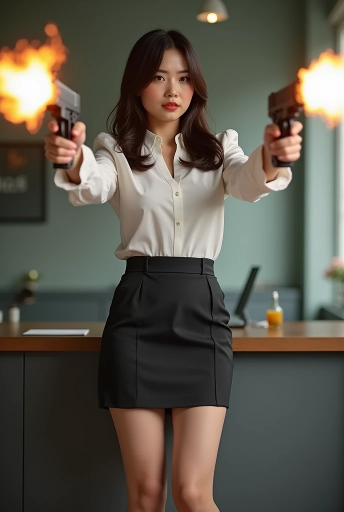 beautiful chinese office lady mini skirt realistic machine gun toting hip firing real person legs apart standing rampage shooting penis


